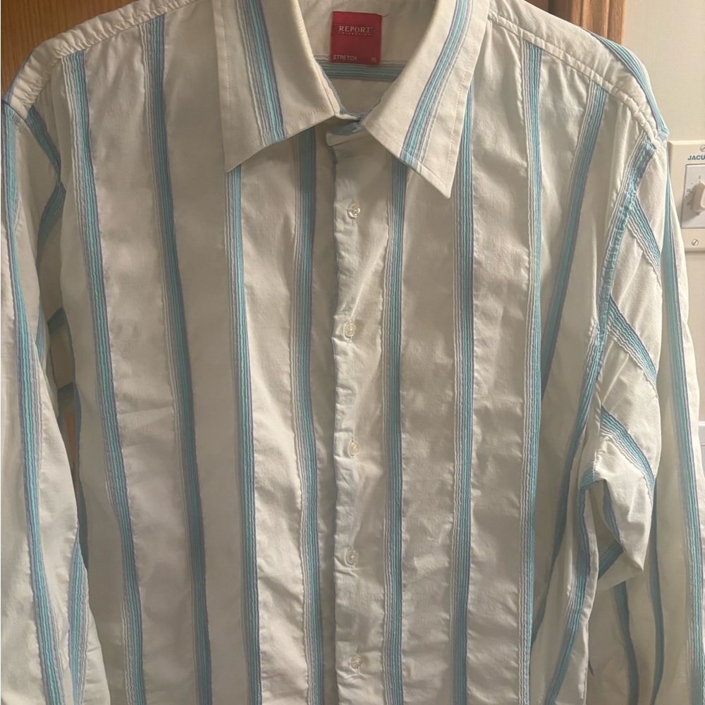 Report Blue and White Striped Dress Shirt